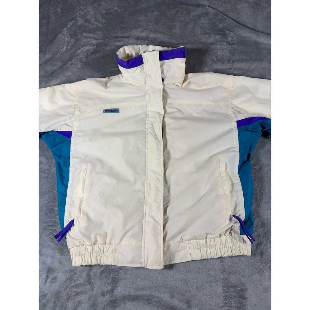 Vintage Columbia Sportswear Colorblock Windbreaker Jacket Cream Teal Purple Mens